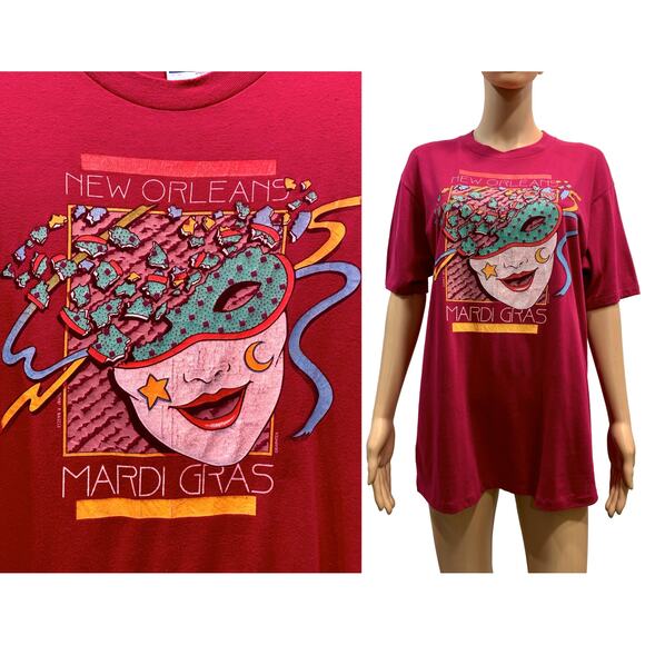 80s New Orleans MARDI GRAS GRAPHTEX T Shirt |1987 Single Stitch Mask Graphic - Picture 1 of 10